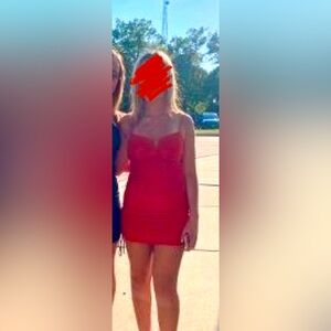 Princess Polly red, ruched, stretchy mini dress.